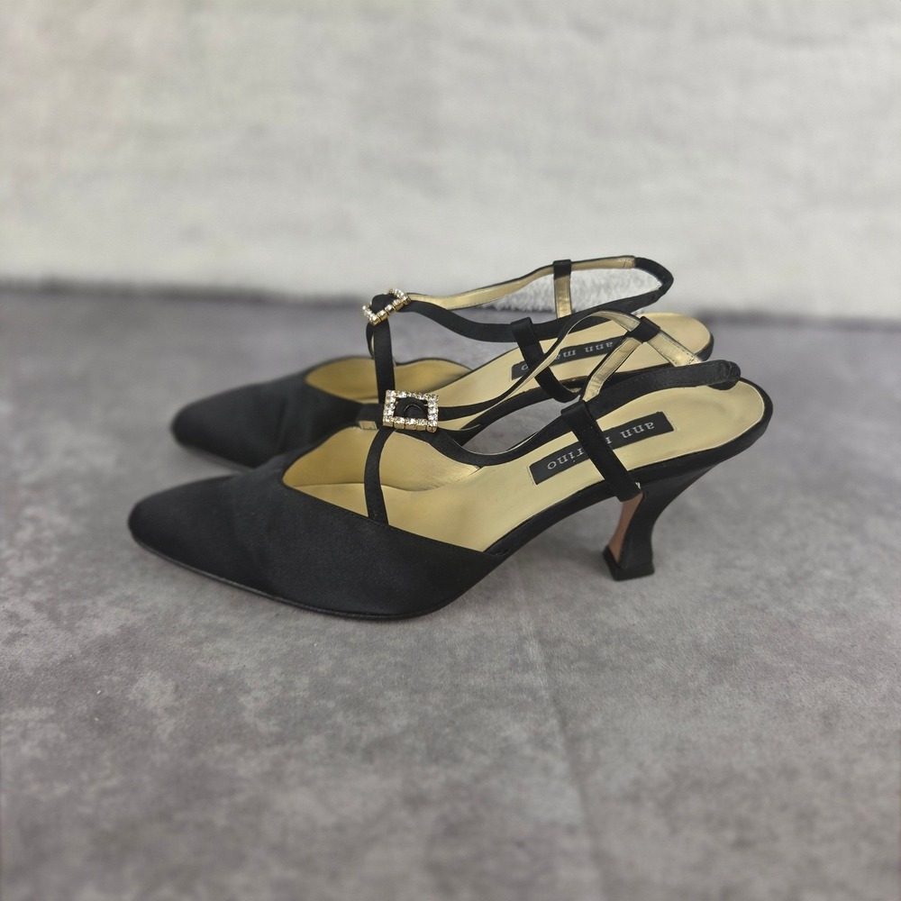 Ann Marino Black Satin T-Strap Rhinestone Slingback Kitten Heels Size 8.5 M C17